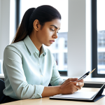A focused female creative professional, dressed in a modest, stylish, business-casual outfit, such as a well-fitted blouse and trousers. She is seated at a modern, clean desk in a brightly lit, minimalist office space, a large window softly illuminating the scene. She is engrossed in working on a digital tablet, with a professional notebook and pen nearby, conveying a sense of deep thought and productivity. Professional photography, high resolution, soft diffused lighting, natural pose, perfect anatomy, correct proportions, well-formed hands, proper finger count, natural body proportions, safe for work, appropriate content, fully clothed, professional, family-friendly.