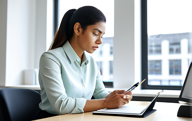 A focused female creative professional, dressed in a modest, stylish, business-casual outfit, such as a well-fitted blouse and trousers. She is seated at a modern, clean desk in a brightly lit, minimalist office space, a large window softly illuminating the scene. She is engrossed in working on a digital tablet, with a professional notebook and pen nearby, conveying a sense of deep thought and productivity. Professional photography, high resolution, soft diffused lighting, natural pose, perfect anatomy, correct proportions, well-formed hands, proper finger count, natural body proportions, safe for work, appropriate content, fully clothed, professional, family-friendly.
