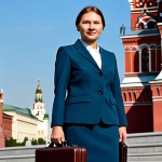 스타트업 진로 탐색 - **A professional businesswoman in Moscow,** wearing a stylish, modest business suit against the back...