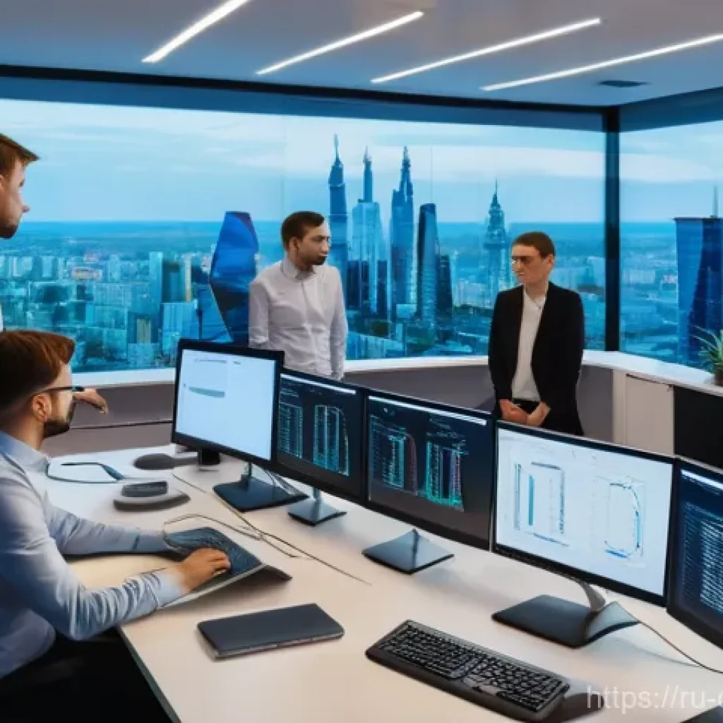 직업별 연봉 정보 - **Prompt:** A dynamic, wide-angle shot of a modern, open-plan office in a bustling Russian city, per...