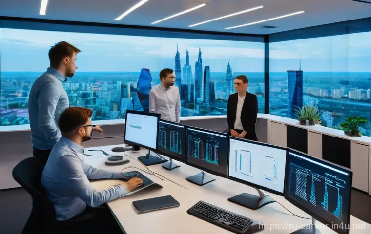 직업별 연봉 정보 - **Prompt:** A dynamic, wide-angle shot of a modern, open-plan office in a bustling Russian city, per...