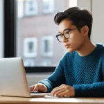 Home 8 자기주도 학습법 - A young adult, with an inquisitive and focused expression, is seated comfortably at a well-lit desk....