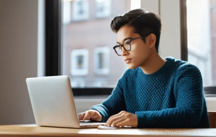 자기주도 학습법 - A young adult, with an inquisitive and focused expression, is seated comfortably at a well-lit desk....