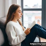 Home 13 진로 목표 설정 - **Prompt:** A thoughtful young Russian woman is sitting comfortably in a brightly lit, cozy apartmen...