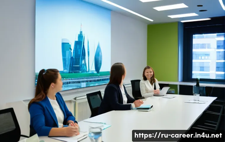 진로 탐색 워크숍 - A professional career workshop scene set in a modern conference room in Moscow, with diverse Russian...