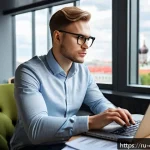Home 23 청년 창업지원 정책 - A modern Russian entrepreneur in a stylish office setting, working on a detailed business plan on a ...