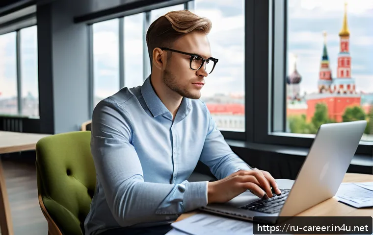 청년 창업지원 정책 - A modern Russian entrepreneur in a stylish office setting, working on a detailed business plan on a ...
