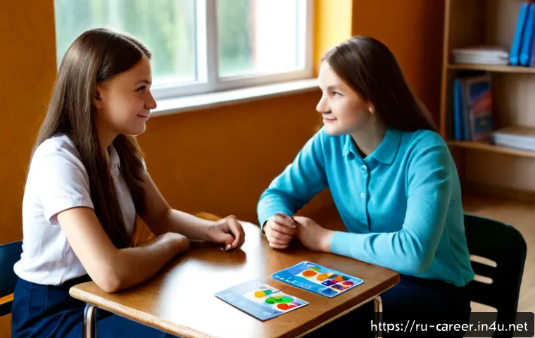 Home 17 중고등학생 진로 지도 - Photorealistic career guidance session in a bright Russian secondary school classroom, a caring midd...